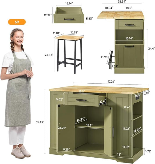 ONBRILL Stationary Kitchen Islands Include 2 Chairs, 47" Kitchen Island with Drop Leaf, Home Bar Table with Spice Rack & with Trash Cabinet, Island Table for Dining Room with Power Outlet, Green
