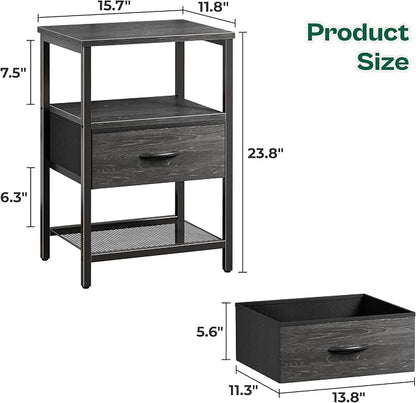 Huuger Nightstand Set of 2, Night Stand with Fabric Drawer, Mesh Shelf, Side Table with Storage, Fabric Drawer Dresser, Open Shelf, Metal Frame, Bedroom, Charcoal Black Wood Grain Print