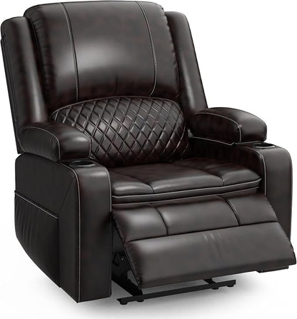 Oversized Manual Recliner Chair, 3X Recliner Home Theater Seating, RV Recliner Single Sofa with Storage, Cup Holder & Side Pocket, Reclining Chair for RV, Home Theater & Living Room (Single, Brown)