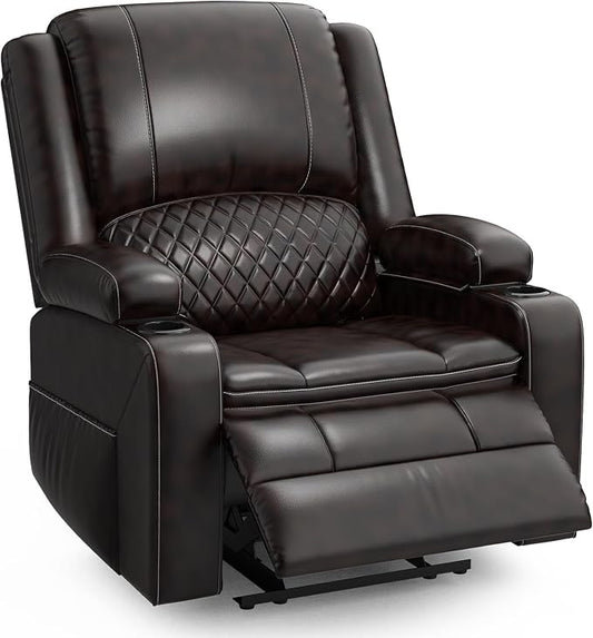 Oversized Manual Recliner Chair, 3X Recliner Home Theater Seating, RV Recliner Single Sofa with Storage, Cup Holder & Side Pocket, Reclining Chair for RV, Home Theater & Living Room (Single, Brown)