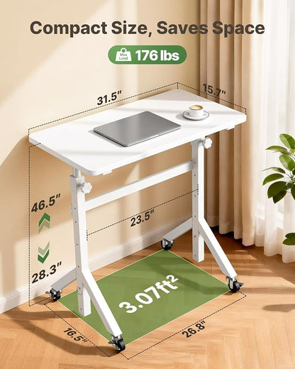 Marsail Mobile Stand Up Desk with Wheels, Adjustable Height Desk from 28.3″ to 46.5″, Rolling Standing Desk with Lockable Wheels, Portable Small Desk for Walking Pad and Treadmill, White