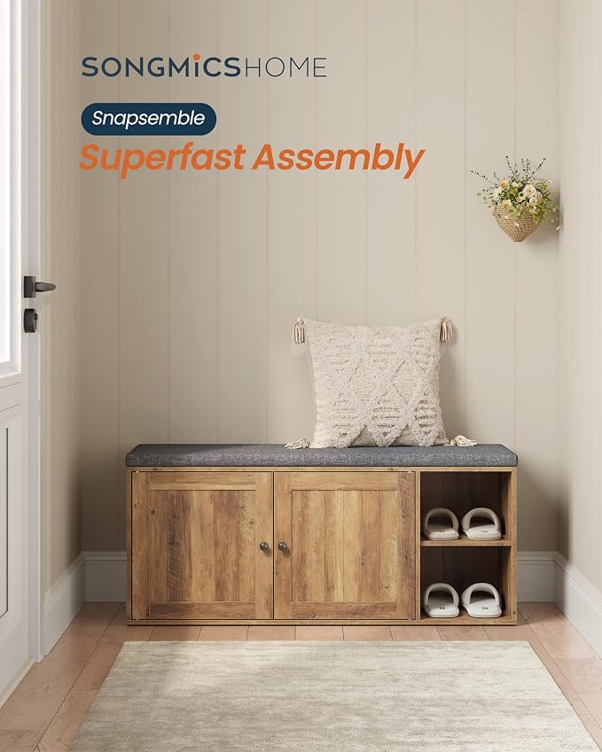 SONGMICS HOME Shoe Storage Bench, Snapsemble Superfast Assembly, Shoe Rack Cabinet with Door & Adjustable Shelf for Entryway/Living Room, 14 x 40.2 x 17.3 Inches, Honey Brown and Slate Gray