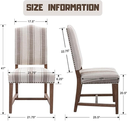 ROCITY Linen Dining Chairs Set of 4 Upholstered Farmhouse Dining Room Chairs Kitchen Side Chairs with Wooden Legs&Nailhead Trim, Beige with Brown Stripe