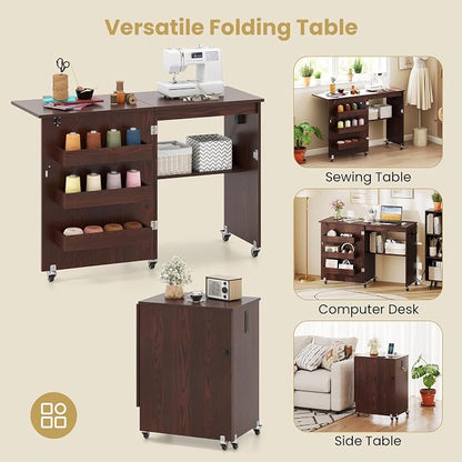 Giantex Folding Sewing Table with Storage, 3 Side Trays & Open Shelf, Built-in Charging Station, Mobile Craft Desk with Lockable Wheels, Space-Saving Sewing Machine Table for Home, Dorms, Espresso