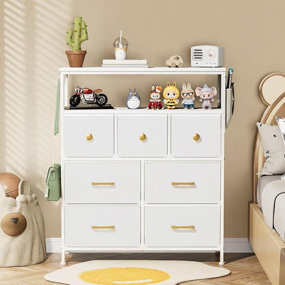 Dresser TV Stand with Power Outlets and LED Lights, 7 Drawers Dresser with Side Pocket, Fabric Chest of Drawers with PU Finish, Sturdy Frame & Wood Top (White)