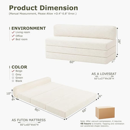 Convertible Sofa Bed, Boneless Loveseat with Removable Cushions & Washable Corduroy Cover, Futon Sofa Bed with Handle, Pull Out Couch for Small Spaces, Full Size, Beige