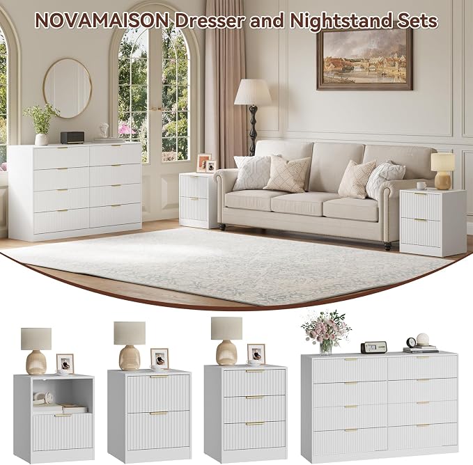 8 Drawer Dresser & Nightstand Set 3-Piece, 55” Wide Fluted Dresser and Night Stand Set of 2 with Metal Handle, Modern Wood Chest of Drawers Storage Dressers Set for Bedroom, White
