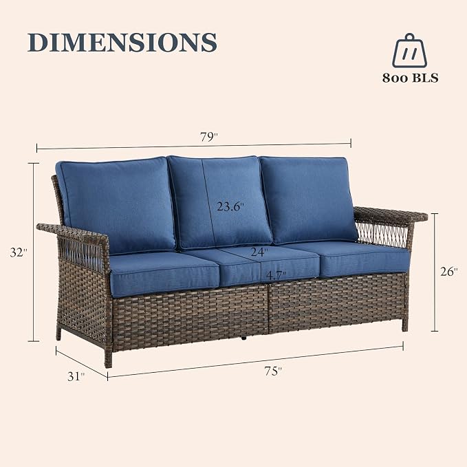 Patio Sofa 3-Seat Wicker Couch Brown PE Rattan Sofa with Deep Seating High Back Outdoor Sofa for Patio Garden Balcony Sunroom Backyard Deck Porch Poolside, Sofa(1PC), Brown|Blue
