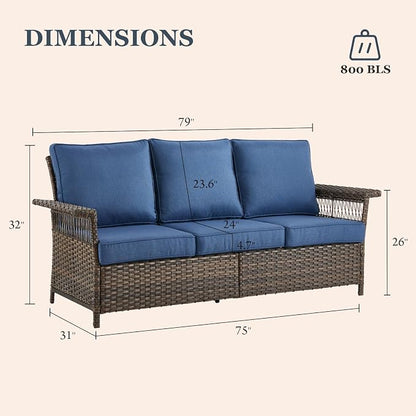 Patio Sofa 3-Seat Wicker Couch Brown PE Rattan Sofa with Deep Seating High Back Outdoor Sofa for Patio Garden Balcony Sunroom Backyard Deck Porch Poolside, Sofa(1PC), Brown|Blue