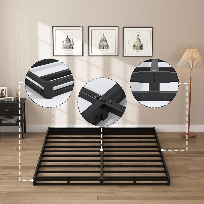 SHOANED Queen Size Box Springs - 3 Inch Low Profile Mattress Foundation No Noise Heavy Duty Metal Basics Bed Base with Clean Fabric Cover, Easy Assembly