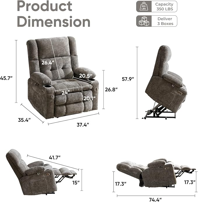 Power Lift Recliner Chair for Elderly with Massage and Heat, Dual Motor Electric Lift Chair with Arm Storage, Lay Flat Recliner for Big and Tall, Infinite Position,Living Room, Bedroom, Gray