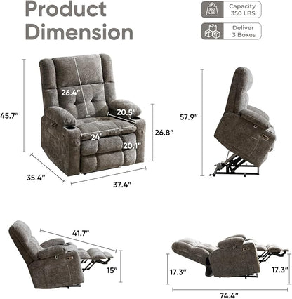 Power Lift Recliner Chair for Elderly with Massage and Heat, Dual Motor Electric Lift Chair with Arm Storage, Lay Flat Recliner for Big and Tall, Infinite Position,Living Room, Bedroom, Gray