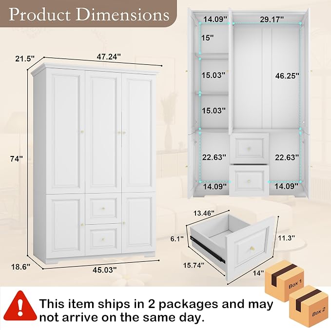 Armoire Wardrobe Closet with Drawers: 74" White Wardrobe Closet with 3 Doors, Tall Bedroom Armoires for Clothes, Wood Closets Cabinet for Hanging Clothes (47")