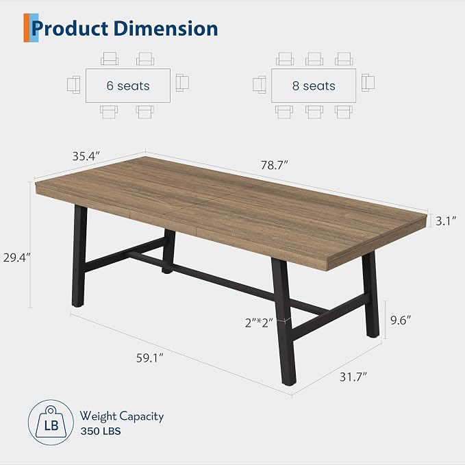 GarveeHome Industrial Dining Table for 6-8 People, 78.7" Long Kitchen Table with Sturdy Metal Frame, Rectangular Counter for Dinner, Kitchen, Dining Room (Rustic Pear, 79" Non-extendable)