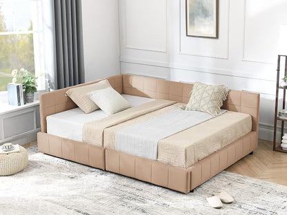KEIKI Full Size L Shape Corner Bed Frames with 2 Storage Drawer, Backrest and Armrests, Velvet Upholstered Sofa Daybed Full Corner Bed for Small Room, Living Room, Bedroom, Guest Room, Kids' Room