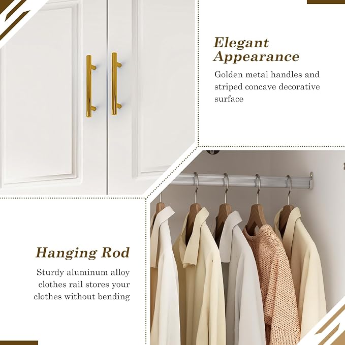Hlivelood Large Armoire Wardrobe Closet Cabinet with Drawers and LED Lights, Multi-Tier Shelves, Hanging Rod, Large Capacity Storage 3 Door Wardrobe Armoire with Top Cabinet for Bedroom, White