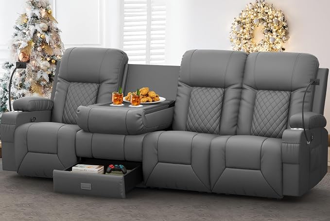 YONISEE 4 Seat Recliner Sofa with Flip Backrest Design, Loveseat Reclining Sofa with Storage Drawer, USB Ports, 2 Cell Phone Holder, Loveseat Recliner Couch for Living Room (Dark Gray)