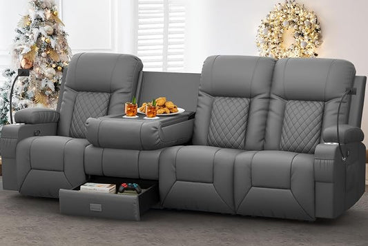 YONISEE 4 Seat Recliner Sofa with Flip Backrest Design, Loveseat Reclining Sofa with Storage Drawer, USB Ports, 2 Cell Phone Holder, Loveseat Recliner Couch for Living Room (Dark Gray)