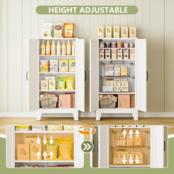 RAVIGIN Farmhouse Storage Cabinet,47" H Metal Pantry Cabinet with Barn Doors and Adjustable Shelves,47" H 4-Tier Rustic Pantry Organizers for Kitchen,Dining Room,White