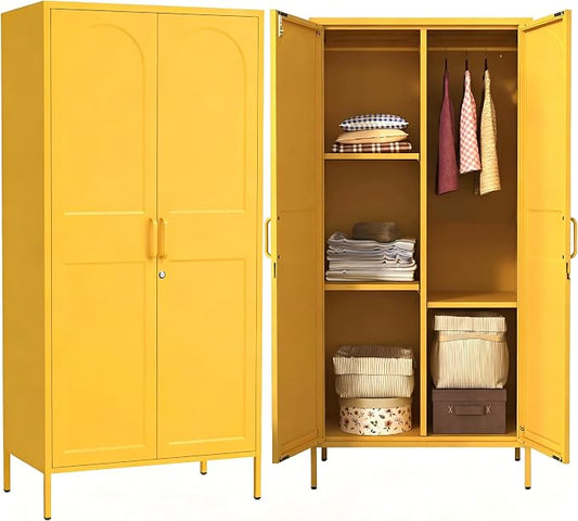 67" Industrial Lockable Metal 2-Door Wardrobe Storage Cabinet with Hanging Rod & Adjustable Shelves, Heavy Duty Multipurpose for Bedroom, Garage, Home Office, Yellow 67" H X 31.5" W X 18.1" D