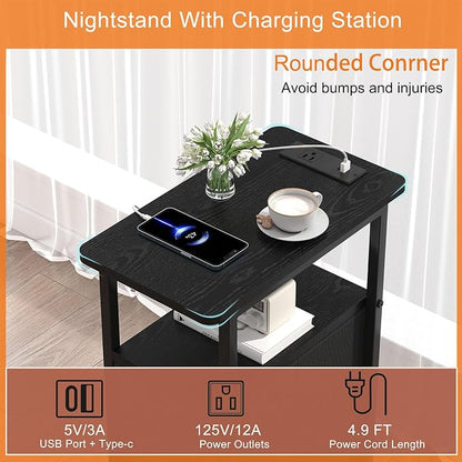 sthmec Narrow End Table with Charging Station, Narrow Side Table with 2 Fabric Drawers, Slim Nightstand, Skinny Bedside Table, Small Side Table for Small Spaces, Living Room, Bedroom, Black