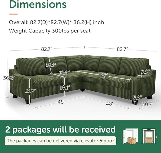 HONBAY Corduroy Convertible Sectional Sofa L Shaped Corner Couch Reversible Sectional Couches for Living Room,Green