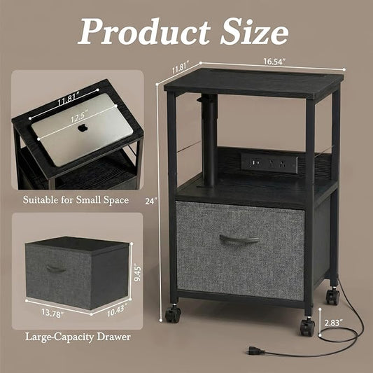 Faesun Swivel Lift Top Nightstand with Charging Station, Rolling Side Table for Recliner, Bedside Table with Wheels & a Fabric Drawer, for Small Spaces, for Bedroom, Living Room, Black Gray