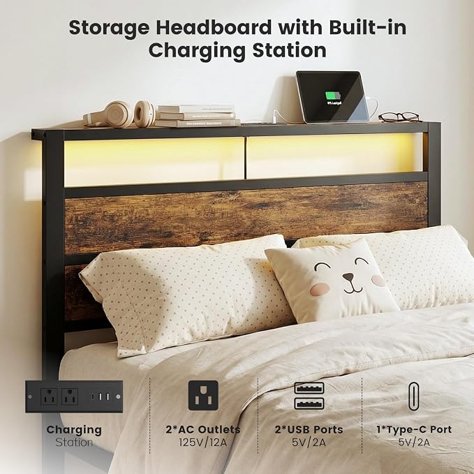 Twin Bed Frame with LED Lights & USB Charging Station, Brown Metal Platform Bed with Storage Headboard, Under-Bed Space, Noise-Free & Sturdy, No Box Spring Needed, Easy Assembly