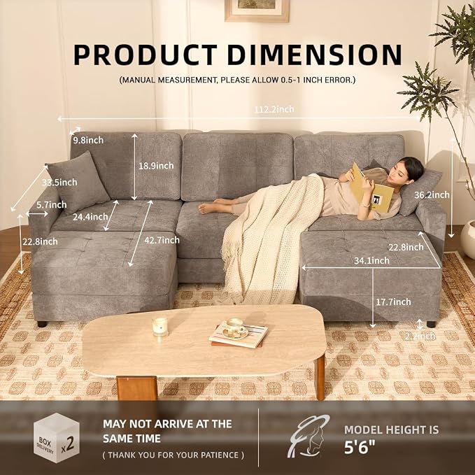 112" U Shaped Modular Cloud Sectional Couch, Waffle Fabric, Light Gray | Modular Deep Seat Sofa, Movable Ottoman, Pocket Spring Cushions, 2-Box Delivery, Living Room Lounge Use, Not Boneless