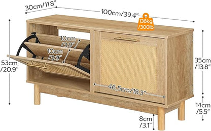 HOOBRO Shoe Storage Bench, Rattan Entryway Bench with 2 Flip Drawers, 39.4'' Hidden Shoe Cabinet with Adjustable Shelves, Comfort Seat Holds 300lb, Large Capacity Fits 8-12 Pairs, Natural NL51HX01