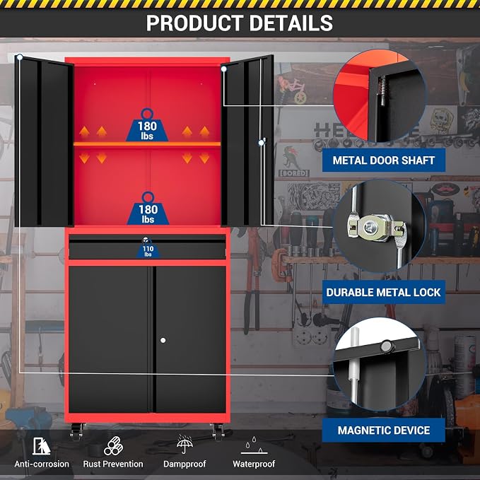 Fesbos 73" Metal Cabinet-Black & Red Heavy Duty Rolling Storage Cabinet Steel Tool Cabinets with Wheels, Shelves, Lockable Doors and Drawers- for Garage, Warehouse Home Office- Assembly Required