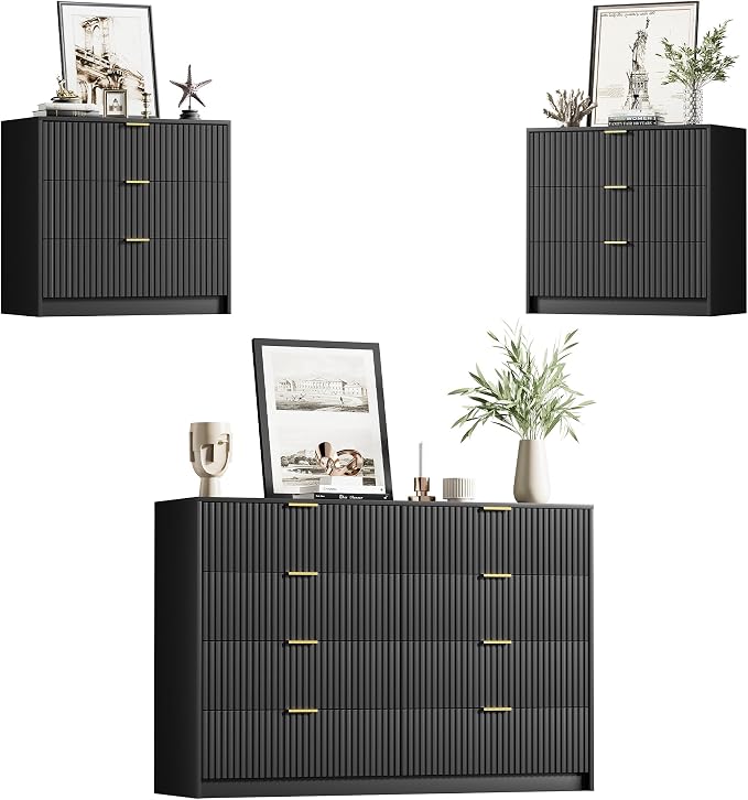 Furniway Black Dresser Bedroom Set 3 Pieces, Nightstands Sets of 2, 8 Drawer Dresser with Gold Handles for Bedroom