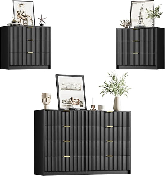 Furniway Black Dresser Bedroom Set 3 Pieces, Nightstands Sets of 2, 8 Drawer Dresser with Gold Handles for Bedroom