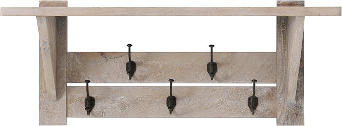Alaterre Furniture Bethel Wall-Mounted Coat Rack with Shelf – Modern Farmhouse 40-Inch Solid Wood Entryway Organizer with 5 Black Metal Double Hooks & Upper Storage Shelf (Driftwood Finish)