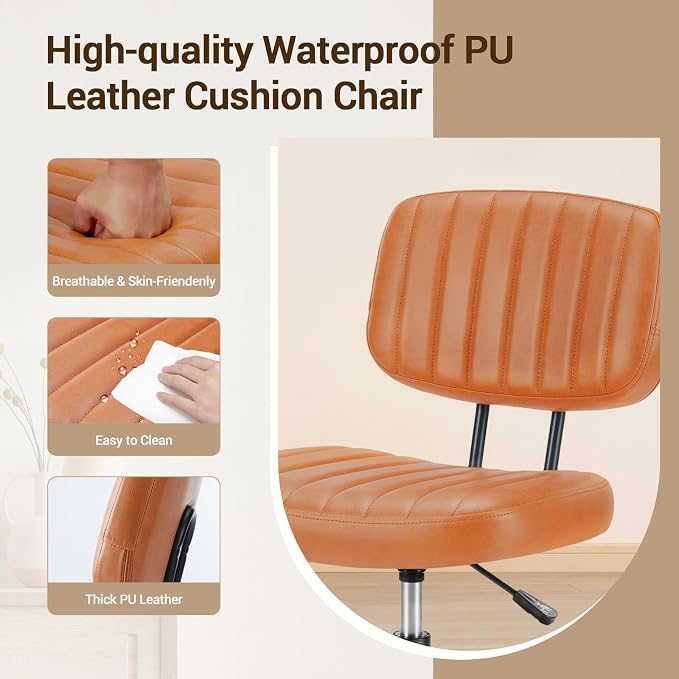 YSSOA Home Office Chair Desk Chair with Low Back and Wheels PU Leather Computer Chair Ergonomic Adjustable Height Comfy Chair Armless with Swivel Rolling Vanity Chairs for Bedroom Adult Brown