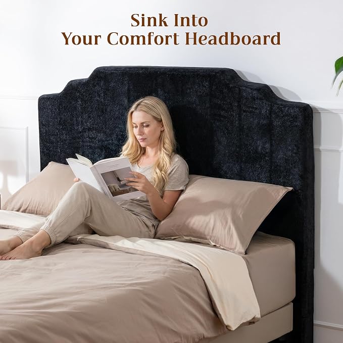 Twin Headboard Only - Black Velvet Upholstered Headboard for Bed, No Assembly Required, Pure Sponge Design, Comfort Head Board, Place Between Bed & Wall, Vertical Stripe with Stepped Crown Top Edge