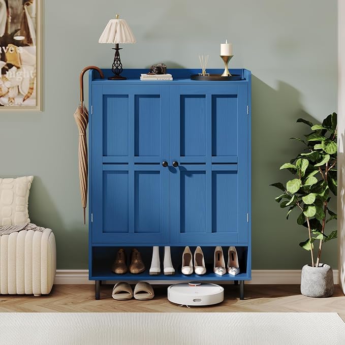 Shoe Storage Cabinet with 2 Doors, 6-Tier Shoe Cabinet with 3 Adjustable Shelves and Metal Legs, 45'' Tall Shoe Rack Organizer Cabinet for Entryway, Front Door, Blue