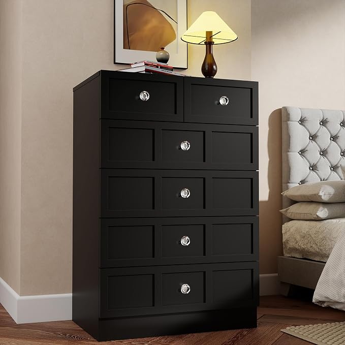 6 Drawer Dresser for Bedroom: 24" Black Chest of Drawers with Deep Drawers, Tall Fluted Dresser with Storage, Modern Wood Dressers for Bedroom, Living Room