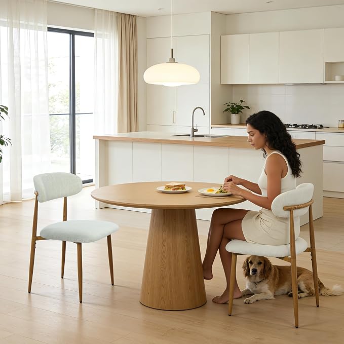 FREKEN Modern Upholstered Dining Chairs Set of 6, Mid-Century Metal Frame with Wood Grain, Linen Fabric Side Chair for Kitchen Dining Room, 350lbs Capacity, Beige