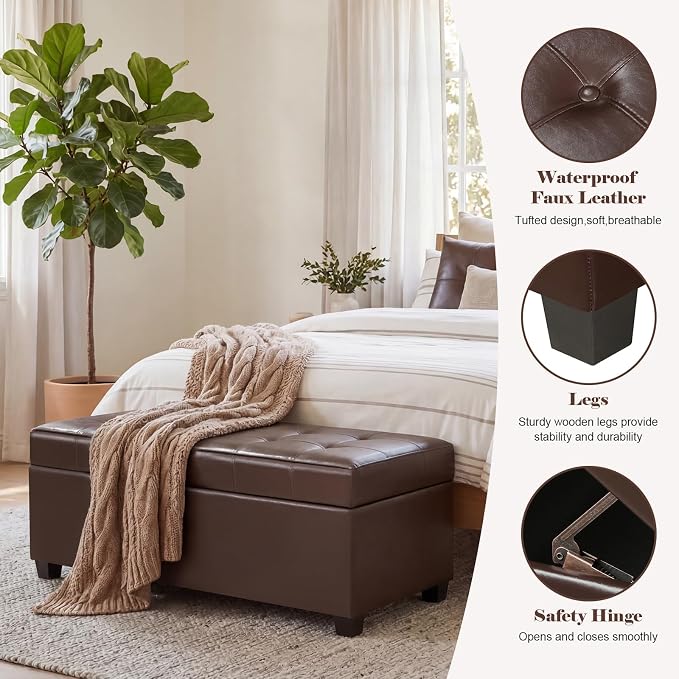 Asense 40" Storage Ottoman Bench, Faux Leather Tufted Upholstered End of Bed Bench with Safety Hinge for Bedroom,Entryway,Living Room,Dark Brown