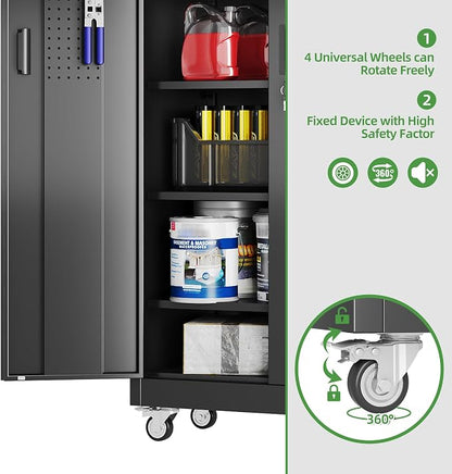 Metal Garage Storage Cabinet with Wheels, Lockable Steel Organizer with Pegboard Doors & 5 Adjustable Shelves for Garage, Warehouse, 71x32x16 Inches, Black, Assembly Required