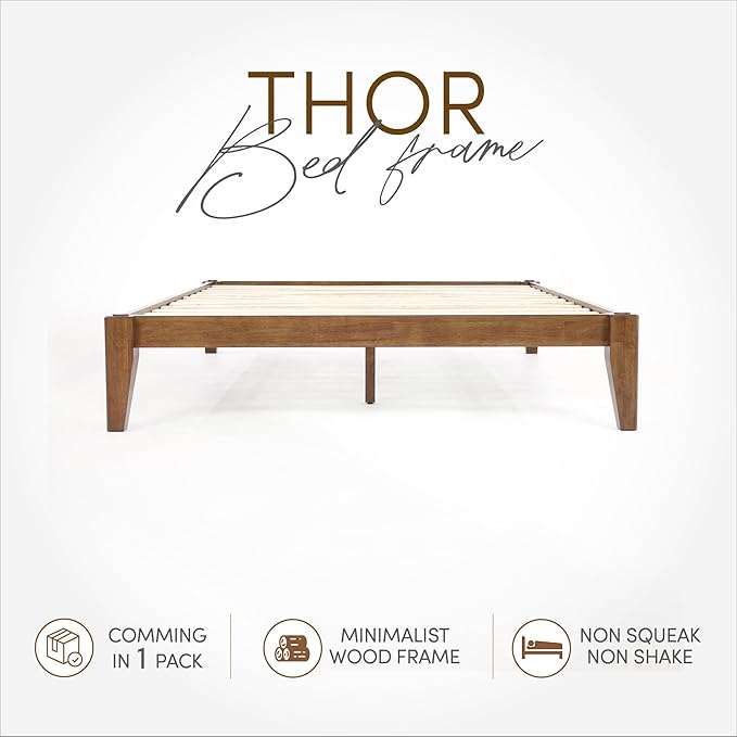 Thor Premium Solid Wood Bed Frame King, Japanese Joinery Bed Frame with Wood Slat Support, Platform Bed, No Box Spring Needed, Easy Assembly, Minimalist & Modern Style (Walnut)
