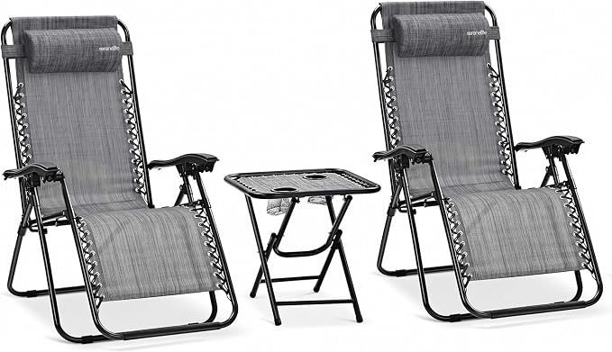 SereneLife Outdoor Zero Gravity Lounge Chair Set with Table – 2 Adjustable Recliners with Cup Holders, Headrest, Steel Frame & Foldable Design for Patio, Pool, Garden, or Camping