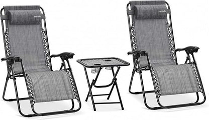 SereneLife Outdoor Zero Gravity Lounge Chair Set with Table – 2 Adjustable Recliners with Cup Holders, Headrest, Steel Frame & Foldable Design for Patio, Pool, Garden, or Camping
