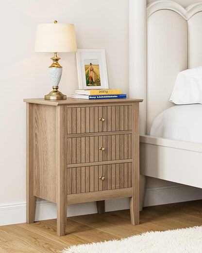Fluted Nightstand, Vintage Night Stand with 3 Drawers, Mid Century Modern Side Accent Table,Bedside End Table for Bedroom, Living Room, Natural