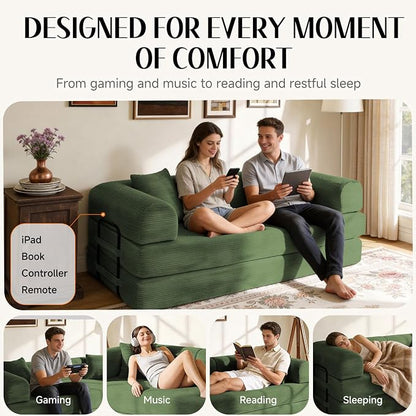 78.8" Memory Foam Boneless Couch, Corduroy Floor Sofa Bed, Convertible Sleeper Futon Loveseat, Wide Armrests & Back Support, Supports Up to 1200 lbs,Forest Green Couch in a Box with 2 Pillows