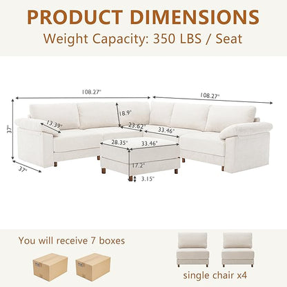 Oversized L Shaped Sectional Couch for Living Room, Extra Large Deep Seat Modular Sectional Sofa with Washable Covers, Modern Cloud Couch for Apartment, Bedroom (Beige, Corner V Shape 6 Seat)