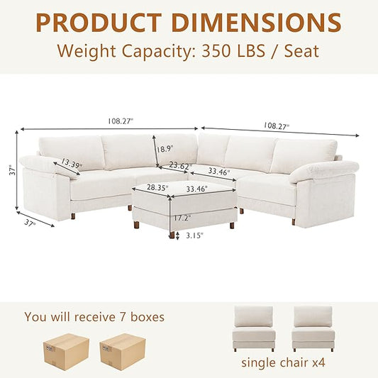 Oversized L Shaped Sectional Couch for Living Room, Extra Large Deep Seat Modular Sectional Sofa with Washable Covers, Modern Cloud Couch for Apartment, Bedroom (Beige, Corner V Shape 6 Seat)