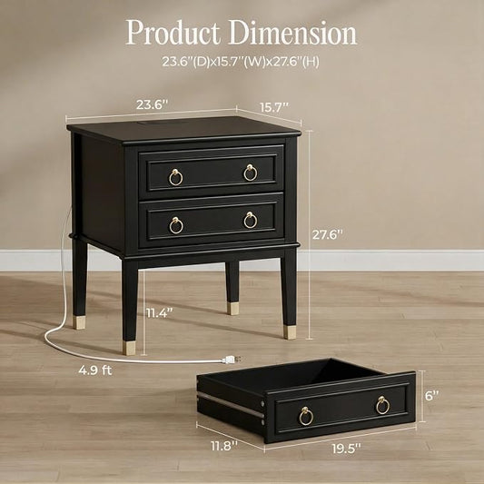 Huuger 27.6 Inch Tall Nightstand with Charging Station, USB-C Port, 2 Drawers Bedside Table, Larger Night Stand with 11.4 Inch Raised Legs, Painted Side Table End Table, for Bedroom, Black