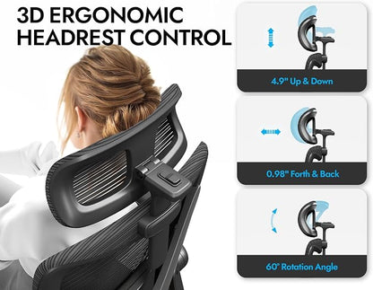 Black Ergonomic Office Chair - Mesh Desk Chair with Adjustable Lumbar Support High Back Computer Gaming Chairs - Big and Tall Office Chairs Adults, Comfortable for Long Hours